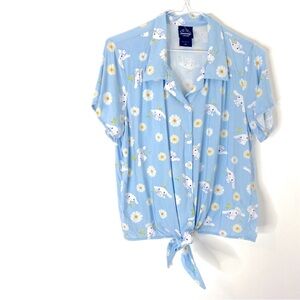 Cinnamoroll Blue Yellow Floral Print Button Tie Front Button Short Sleeve Top